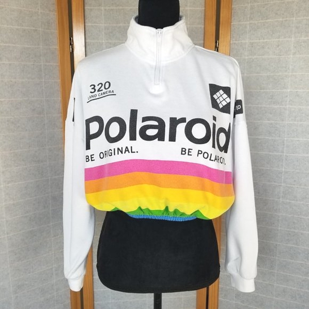 Polaroid Crop Sweatshirt Quarter Zip Vintage Style Rainbow White Medium Photo